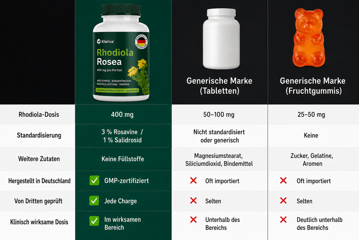 Vergleichstabelle der Wirkstärke — Klariva Rhodiola Rosea gegen andere Marken
