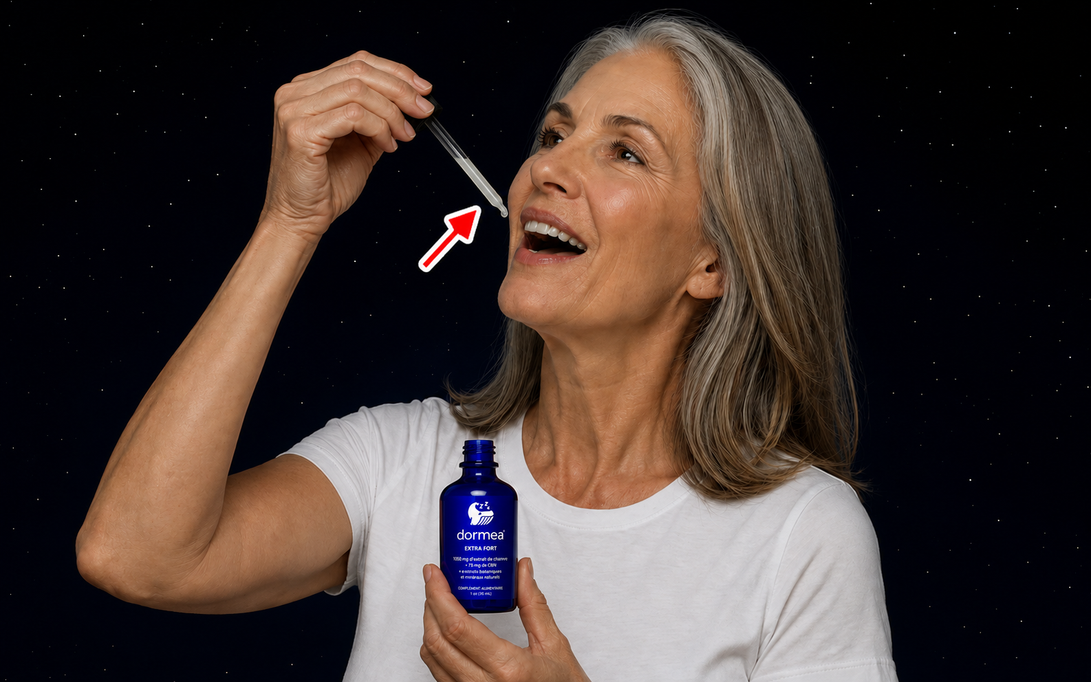 Femme prenant des gouttes de sommeil DORMEA sous la langue