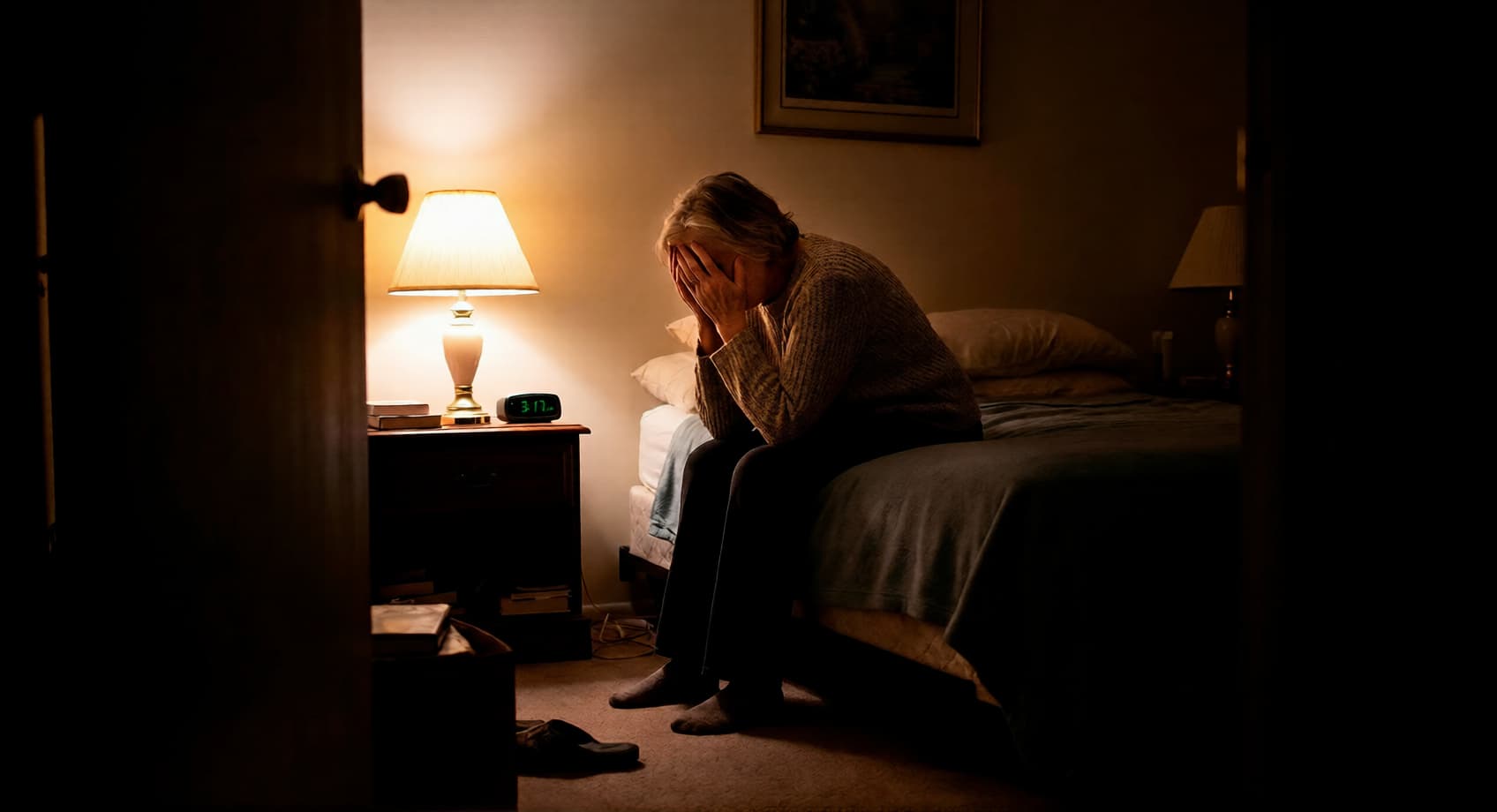 Femme assise au bord de son lit la nuit, en souffrance