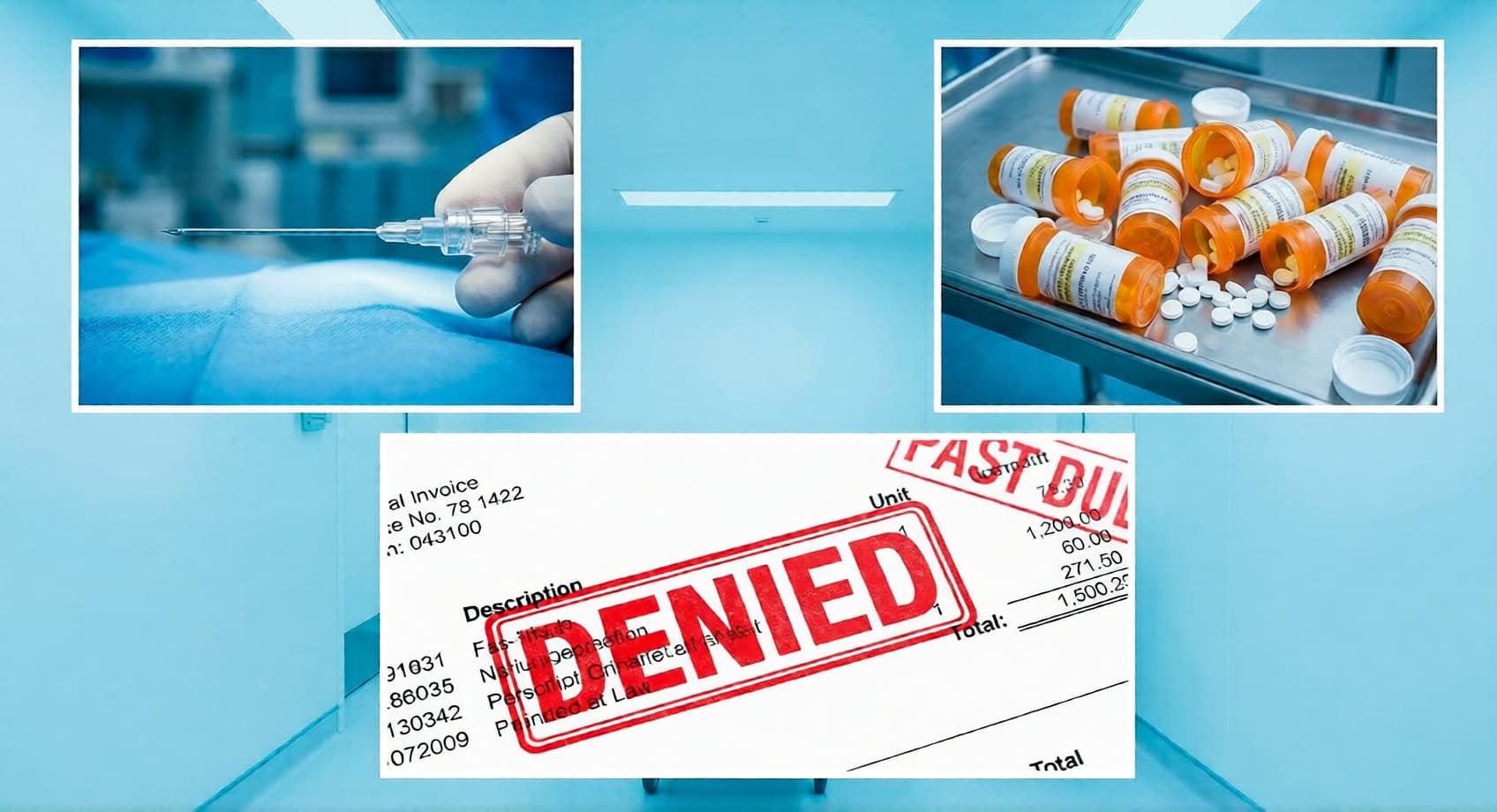 Injections, flacons de médicaments sur ordonnance et une facture d'assurance refusée
