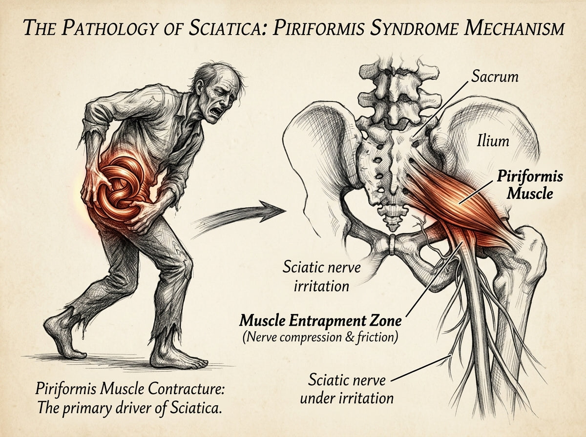 Illustration anatomique du muscle piriforme comprimant le nerf sciatique